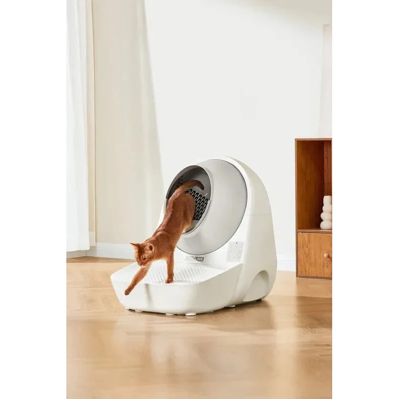 Kot wchodzący do kuwety CATLINK Scooper Pro Ultra w jasnym pokoju